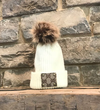 Load image into Gallery viewer, GG Winter Hat, Upcycle GG Winter Hat, Designer Beanie Hat, Winter Pom Pom Hat, Gift for Daughter, Gift for Friend