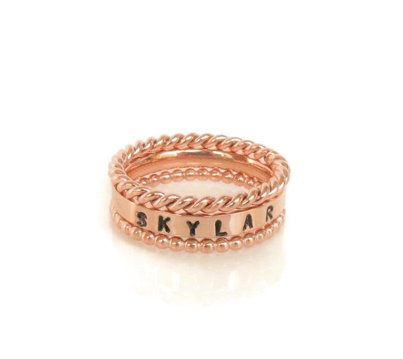 Rose Gold Stackable Name Ring, Gold Stacking Rings, Engraved Ring, Childrens Name Ring