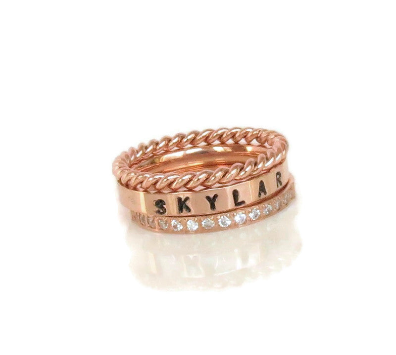 Rose Gold Stackable Name Ring, Gold Stacking Rings, Engraved Ring, Childrens Name Ring