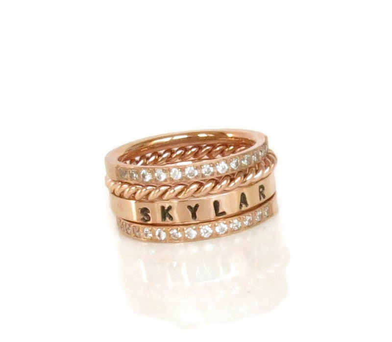 Rose Gold Stackable Name Ring, Gold Stacking Rings, Engraved Ring, Childrens Name Ring