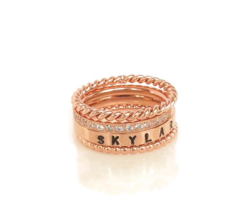 Rose Gold Stackable Name Ring, Gold Stacking Rings, Engraved Ring, Childrens Name Ring