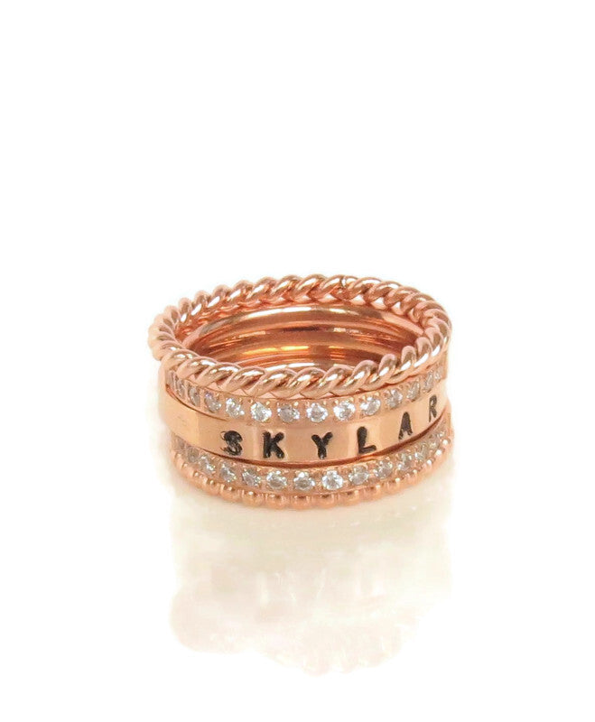 Rose Gold Stackable Name Ring, Gold Stacking Rings, Engraved Ring, Childrens Name Ring