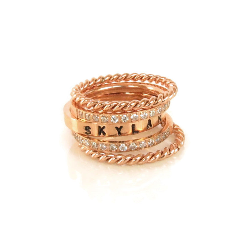 Rose Gold Stackable Name Ring, Gold Stacking Rings, Engraved Ring, Childrens Name Ring