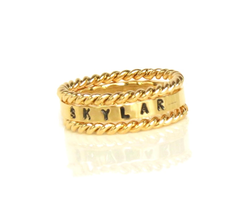 Gold Stackable Name Ring, Gold Stacking Rings, Engraved Ring, Childrens Name Ring